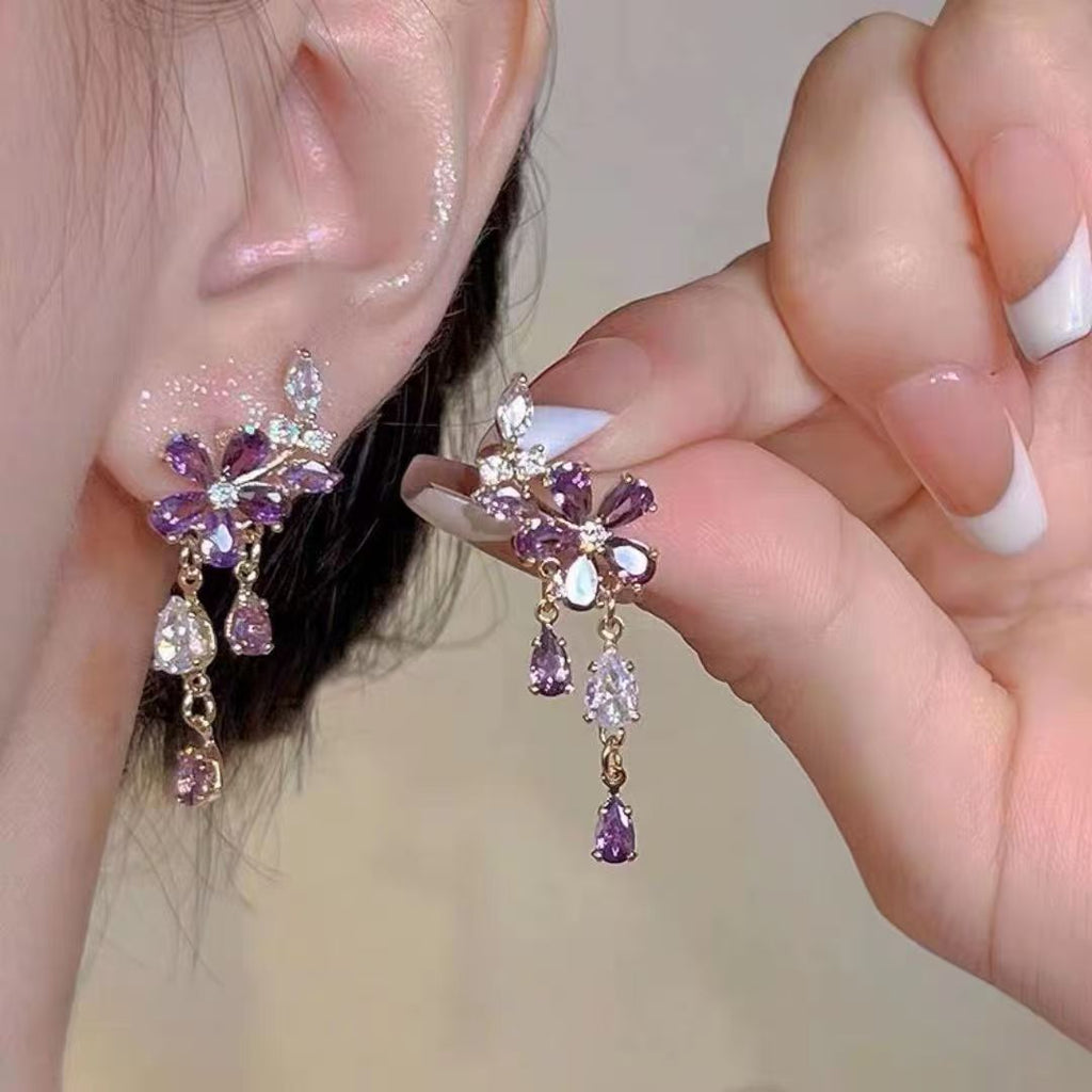 French Romantic Purple Petal Tassel Earrings, Crystal Teardrop Floral Leaf Design, Niche Light Luxury Elegant Dangle Ear Jewelry For Women