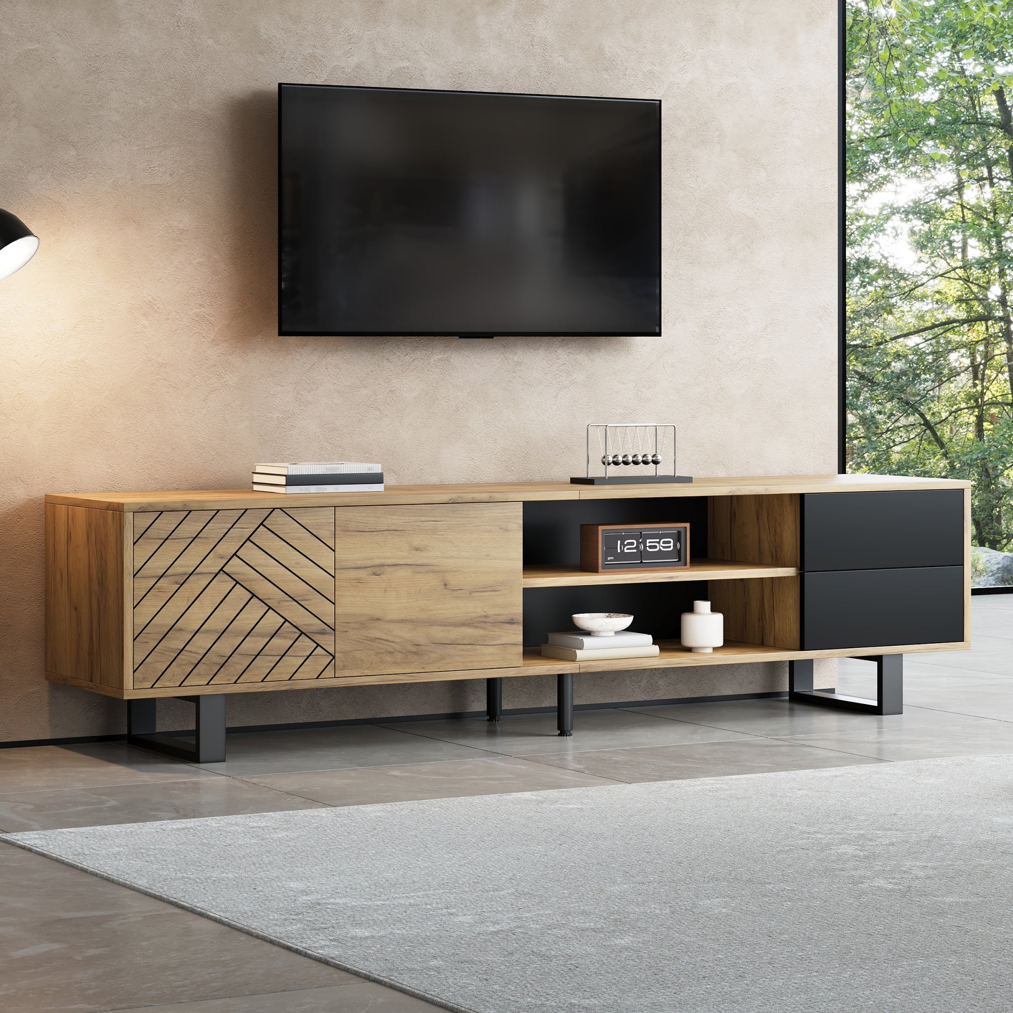 TV Cabinet With Metal Legs 180x40x50cm, Wood Look Lowboard For Living Room, Chipboard TV Cabinet, 30kg Loadable, With Two Drawers, Three-Layer Structure, Suitable For 75 Inch TV