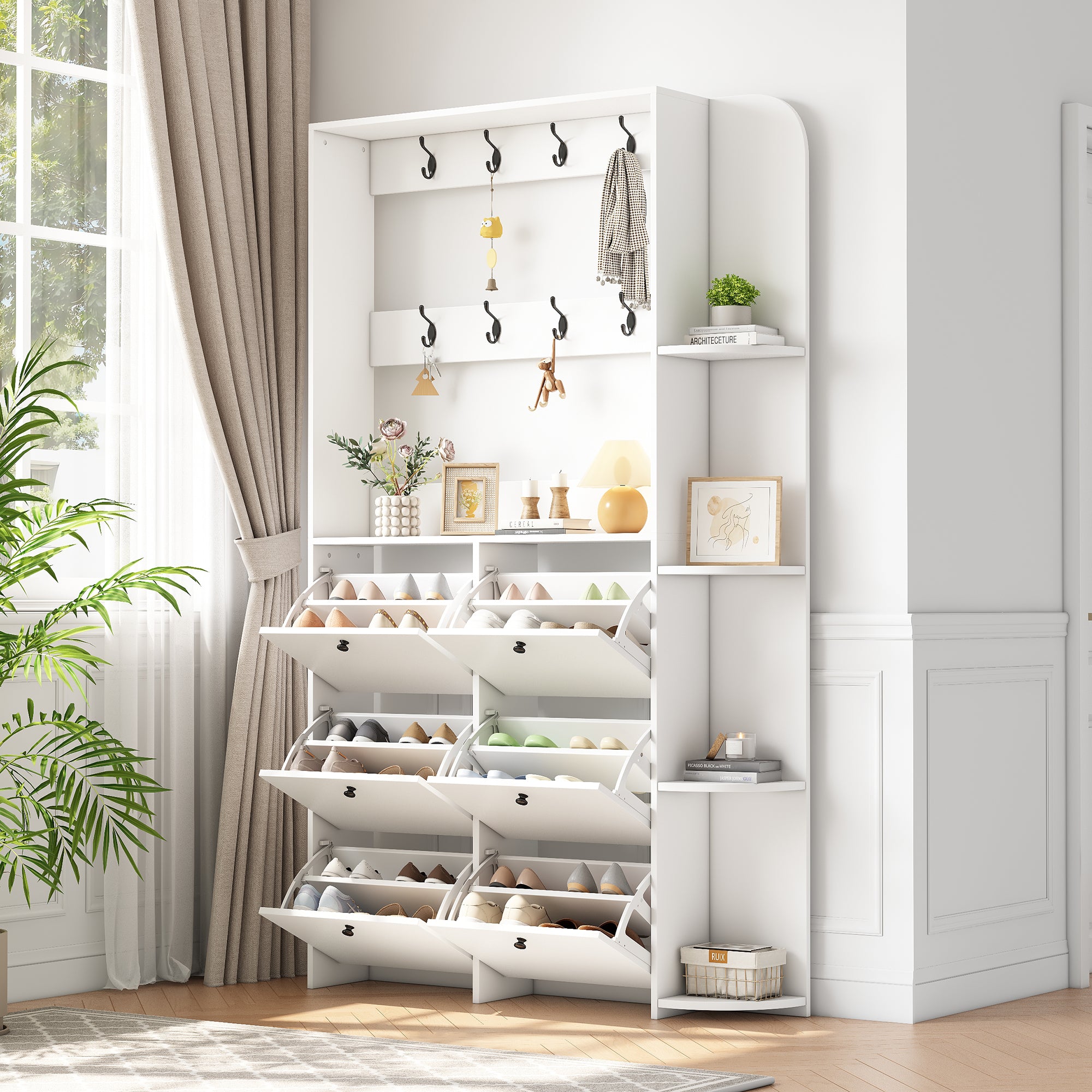 120 X 24 X 200 Cm, Coat Rack For The Entrance Area, 3-in-1 Multifunctional Shoe Cabinet, Hinged Door, 8 Hooks, Compact Coat Rack, Living Room Cabinet With 5 Shelves, White