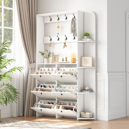 120 X 24 X 200 Cm, Coat Rack For The Entrance Area, 3-in-1 Multifunctional Shoe Cabinet, Hinged Door, 8 Hooks, Compact Coat Rack, Living Room Cabinet With 5 Shelves, White