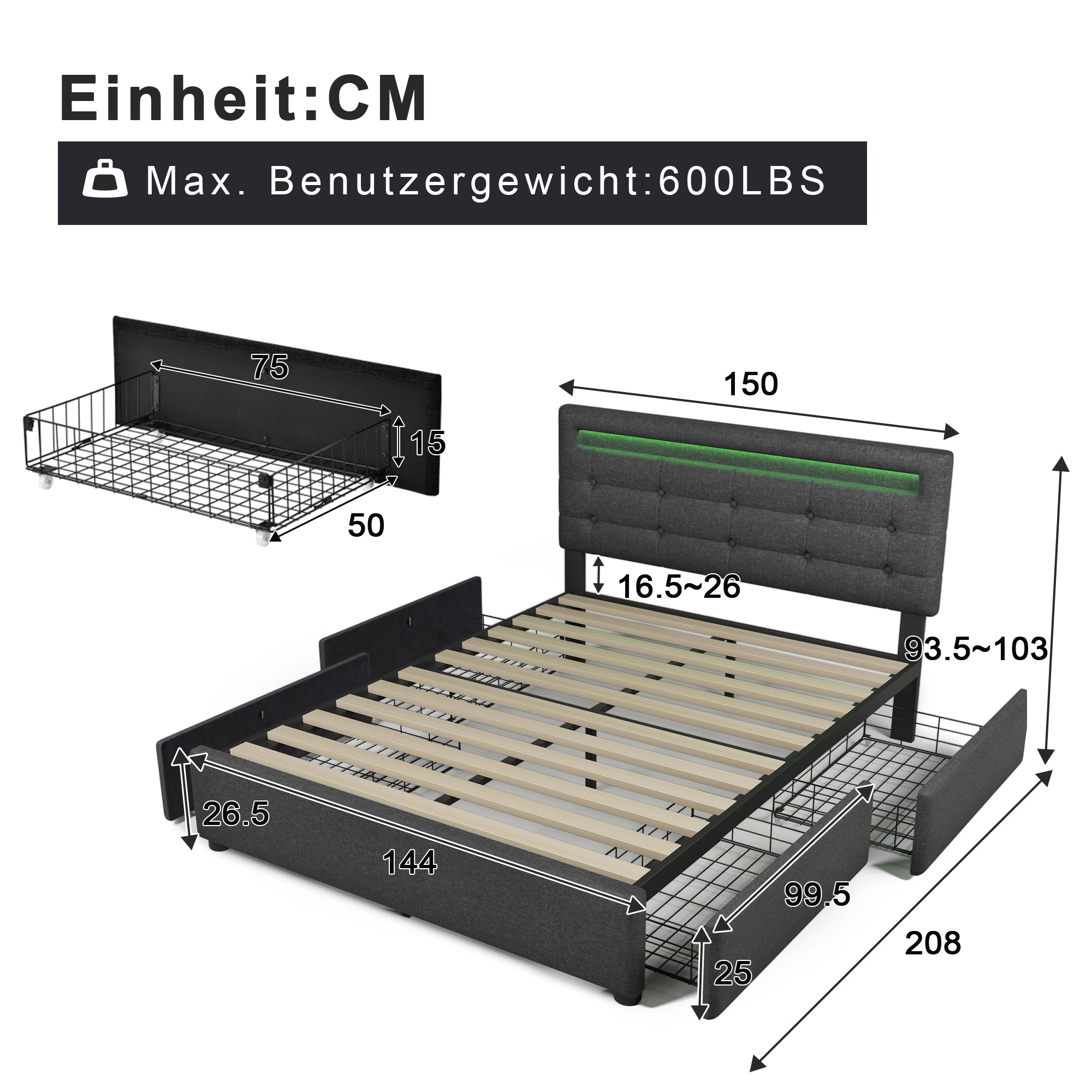 Bed Frame With LED Lighting And 4 Drawers, Double Bed Upholstered Bed 140x200cm, Height-adjustable Headboard, Wooden Slatted Base, Grey Without Mattress