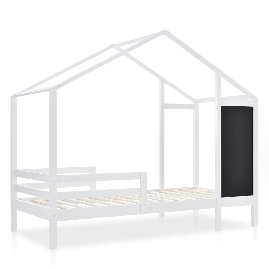 Children's Bed House Bed 90 X 200 Cm, Wooden Bed With Blackboard And 2 Drawers, Solid Wood With Fence And Slatted Base, White  Without Mattress