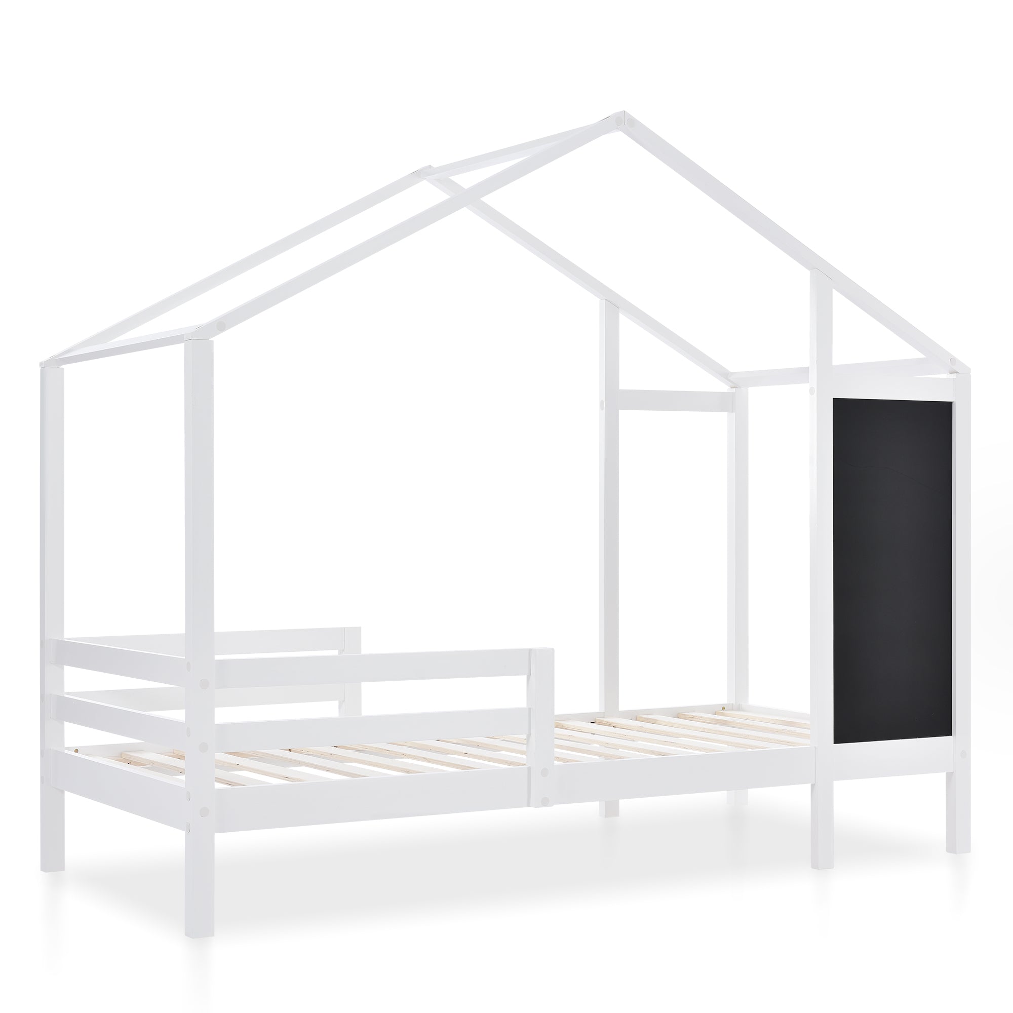 Children's Bed House Bed 90 X 200 Cm, Wooden Bed With Blackboard And 2 Drawers, Solid Wood With Fence And Slatted Base, White  Without Mattress