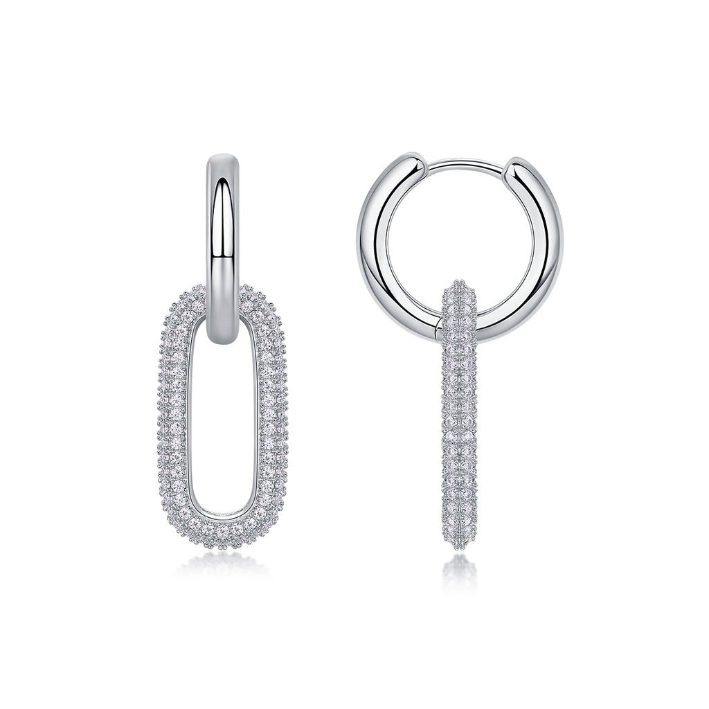 S925 Sterling Silver Geometric Link Drop Earrings, D-VVS1 Moissanite Pave, Platinum Plated 9.4g Women's Jewelry Gift Box