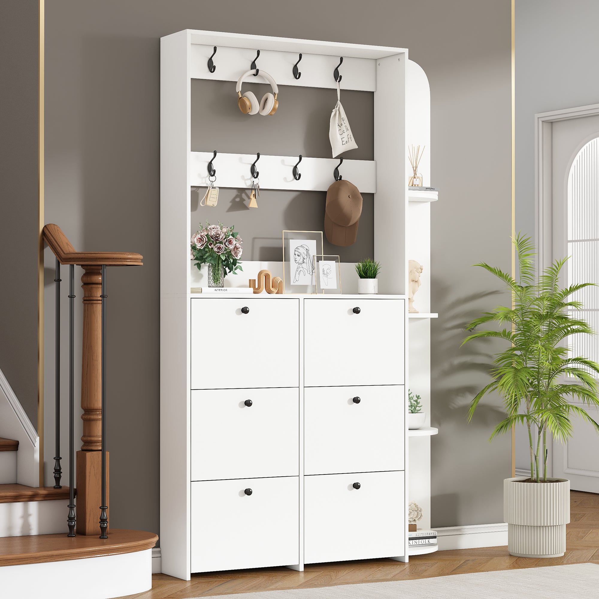 120 X 24 X 200 Cm, Coat Rack For The Entrance Area, 3-in-1 Multifunctional Shoe Cabinet, Hinged Door, 8 Hooks, Compact Coat Rack, Living Room Cabinet With 5 Shelves, White