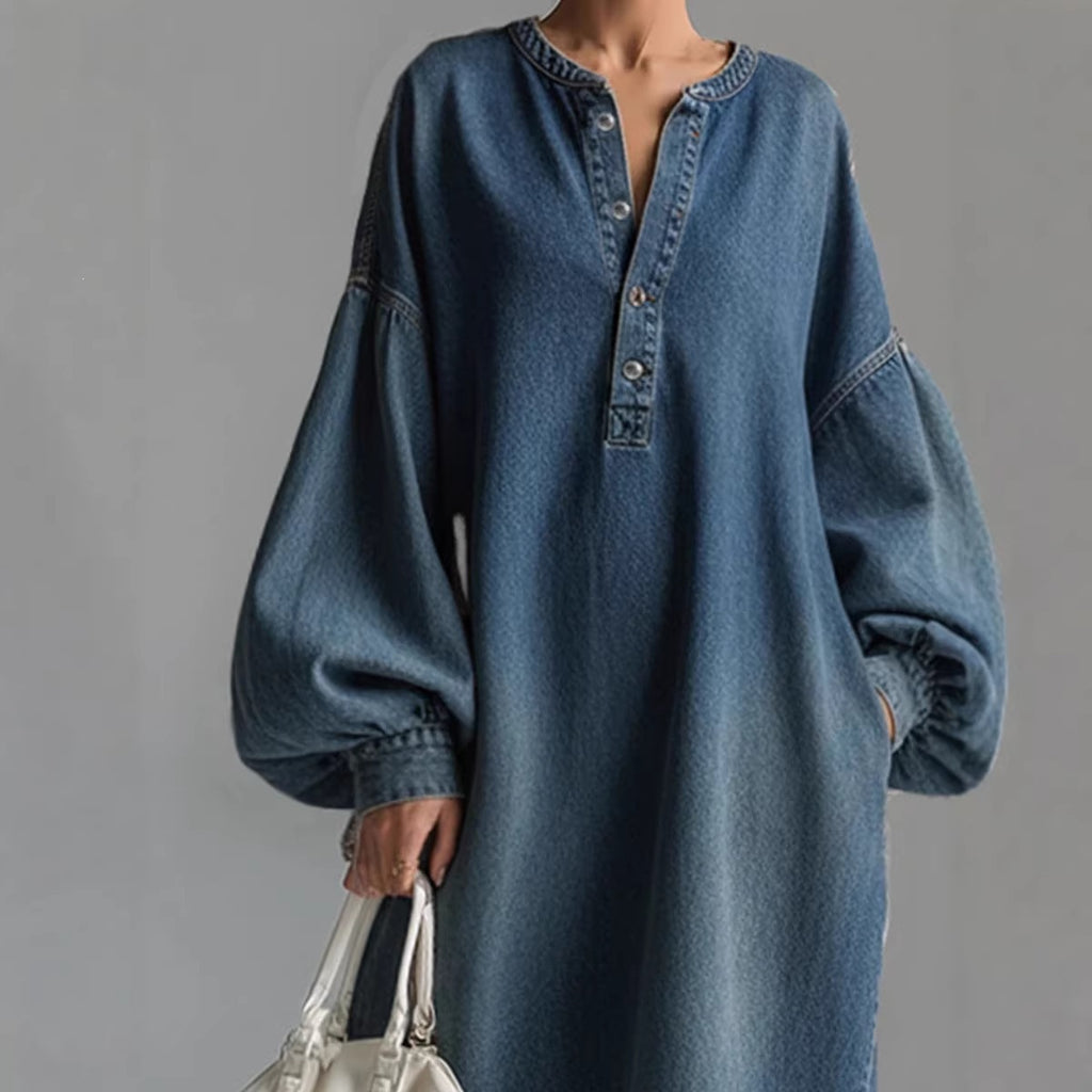 Retro Plus-Size Stand-Neck Mid-Length Denim Skirt For Women