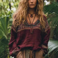Ethnic-style Casual V-neck Long-sleeve Blouse