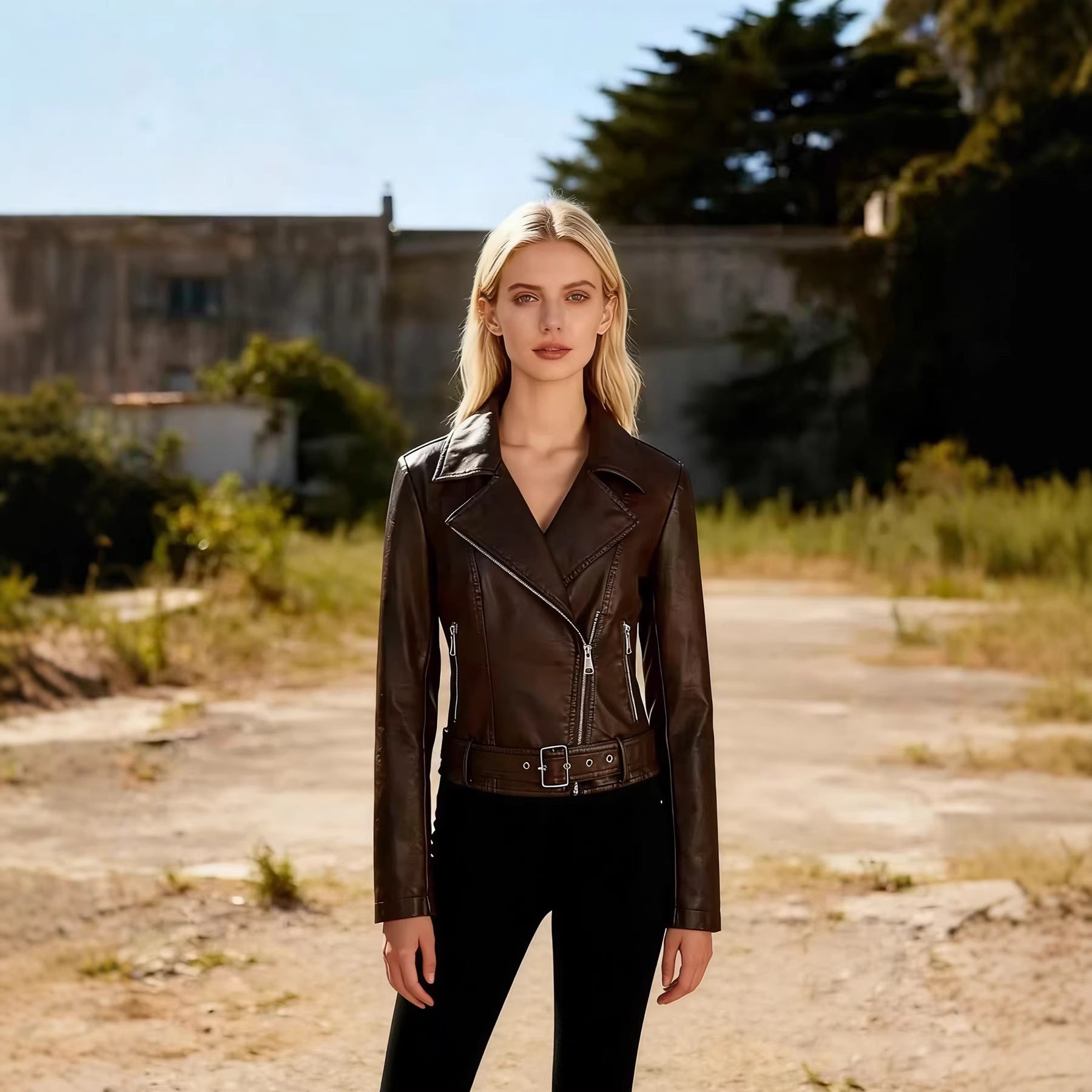 Womens Short Lapel-collar Leather Jacket In A Biker Style