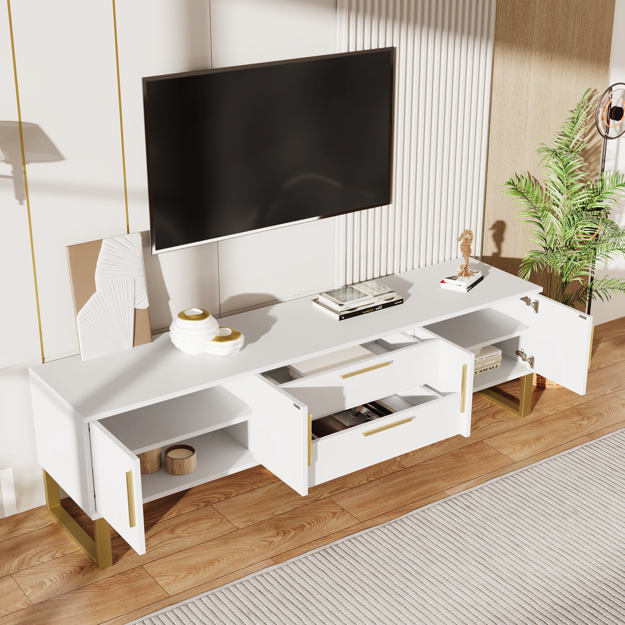 High-Gloss TV Stand Floor-Standing, Gold Handles And Legs, Door With Engraved Texture, Living Room Storage Solution A Perfect Blend Of Elegance, Luxury, And Functionality