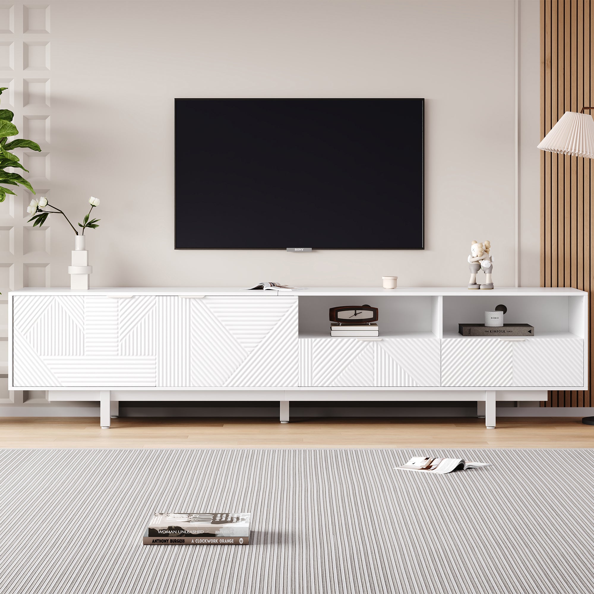 Modern Bohemian TV Cabinet, Abstract White Geometric Lines TV Cabinet, Modern Minimalist Cabinet Door Decoration With Storage Space, 200X40X51cm, Can Accommodate Up To 90 Inch TV