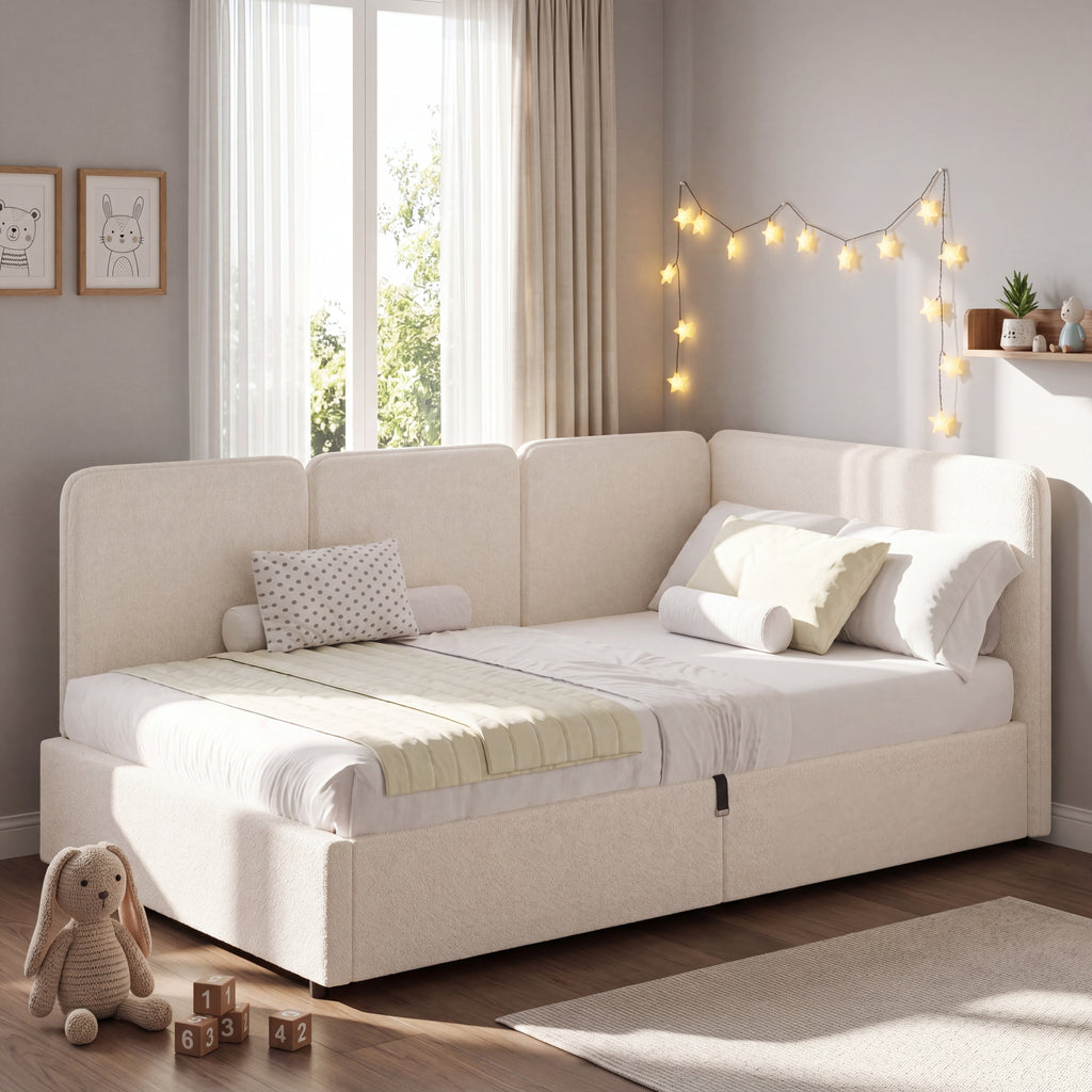 3FT Single Ottoman Daybed With Storage, 90 X 190 Cm Upholstered Daybed, Reversible Left Or Right Chaise Design, Hydraulic Lift Storage Bed Frame, Boucle, Beige