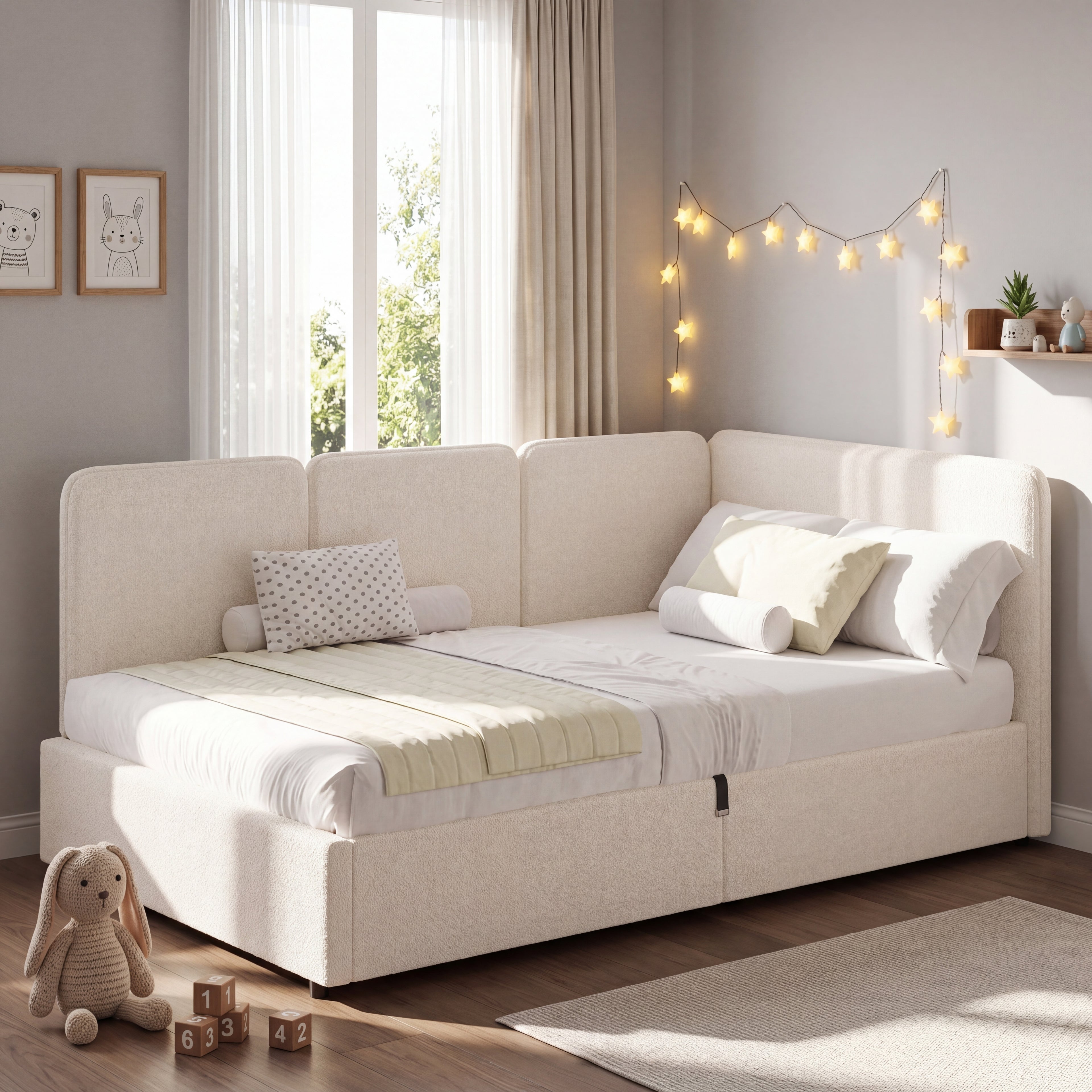 3FT Single Ottoman Daybed With Storage, 90 X 190 Cm Upholstered Daybed, Reversible Left Or Right Chaise Design, Hydraulic Lift Storage Bed Frame, Boucle, Beige