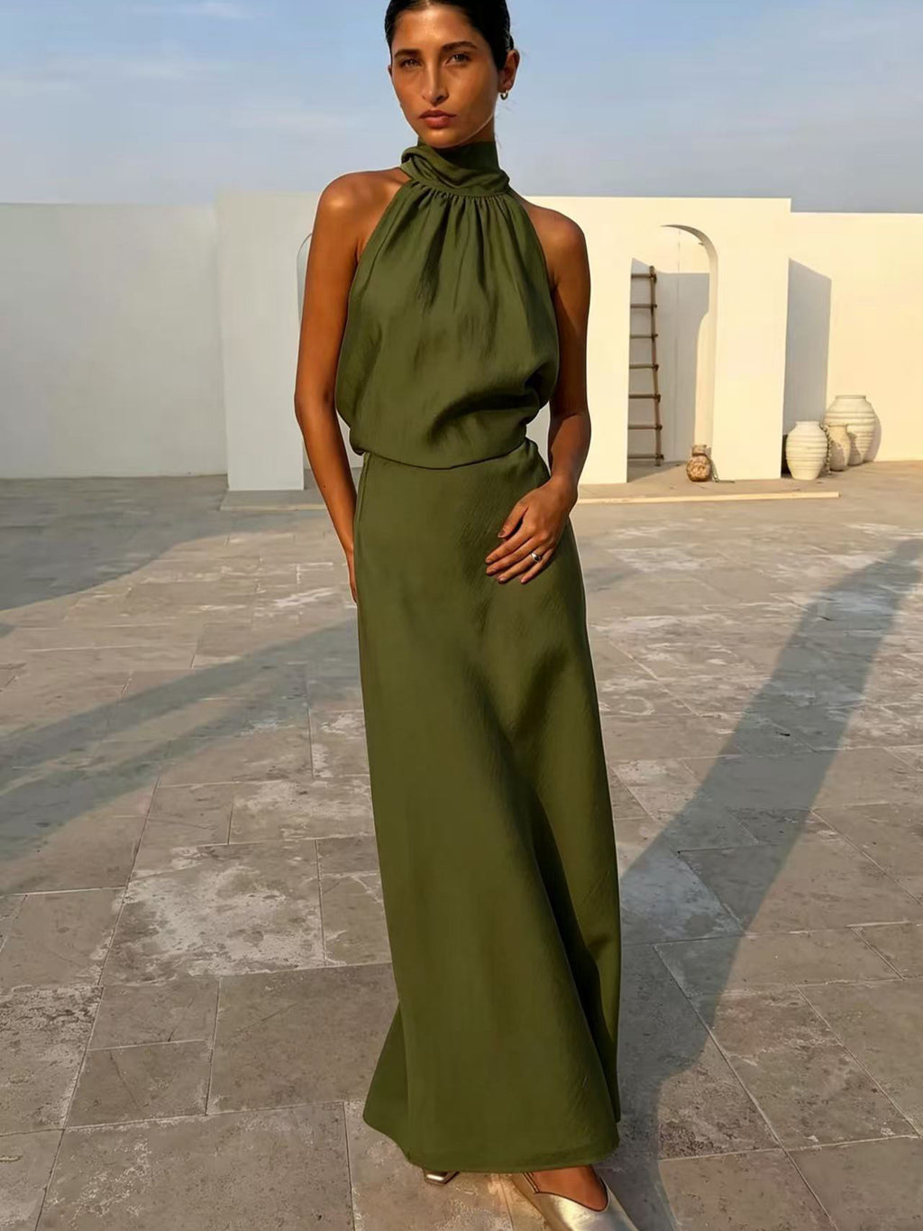 SpringSummer Halterneck Sleeveless Top With Flowing Straps And High-Waisted Fishtail Midi Skirt Set