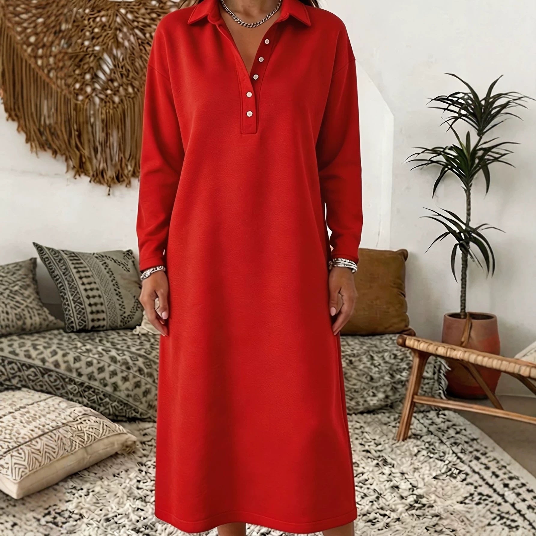Knitted Sweater Dress With A Shirt Collar And Long Sleeves Simple And Elegant
