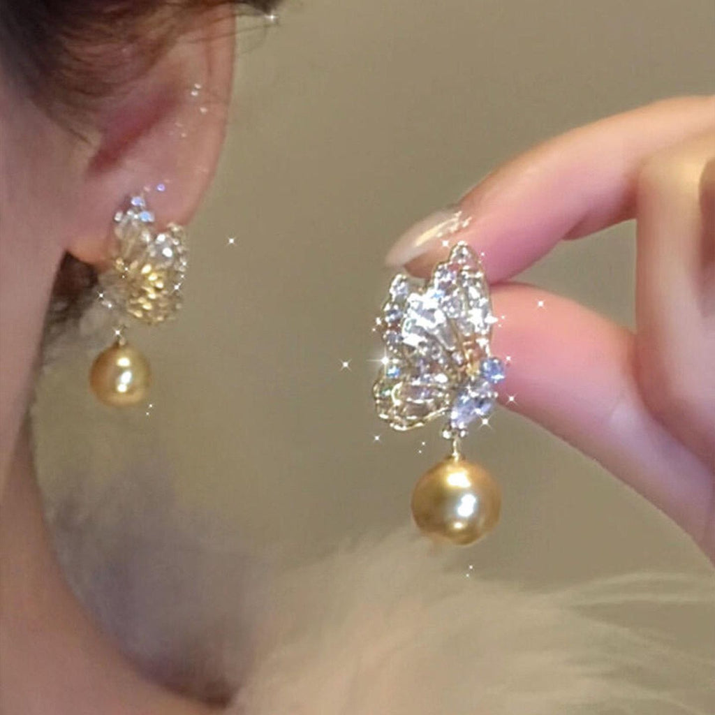 Vintage Gold Butterfly Pearl Stud Earrings For Women, Niche Light Luxury Rich Lady Elegant Stud & Clip On Ear Jewelry