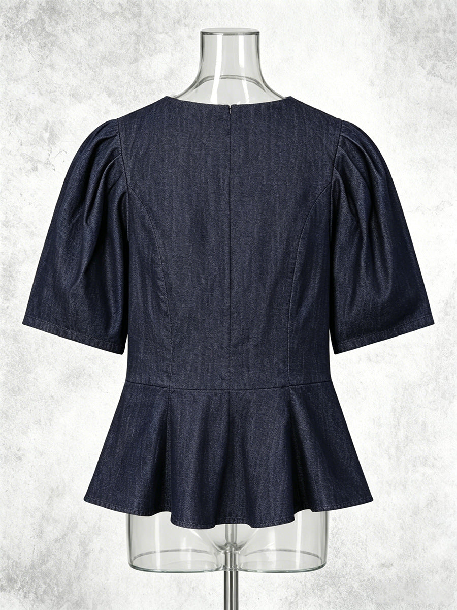 Frog Button Puff Sleeve Peplum V-Neck Blouse
