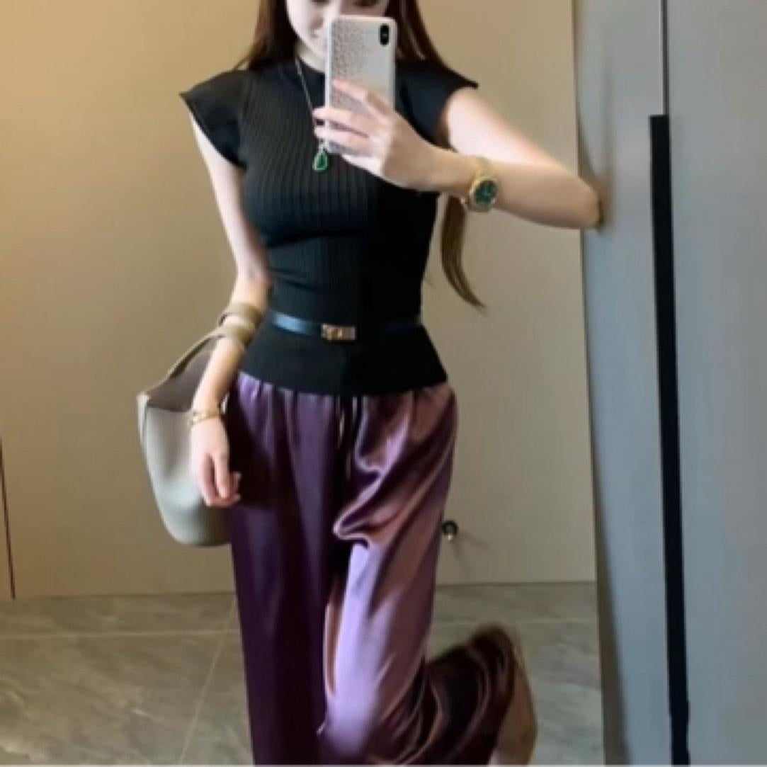 Summer-style Figure-flattering Versatile Acetate-satin Elastic High-waist Casual Pants