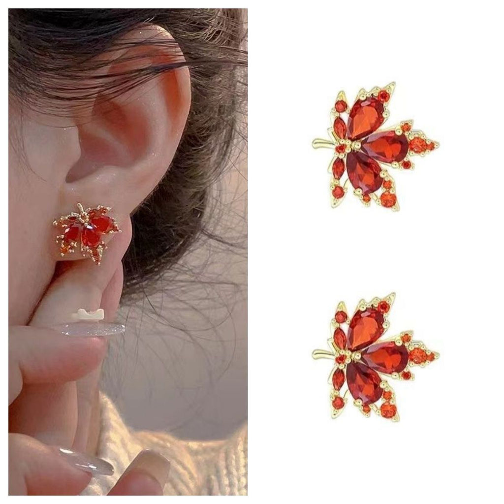 2026 New Red Maple Leaf Stud Earrings, Niche High-End Light Luxury Exquisite Designer Elegant Fashion Ear Jewelry For Women