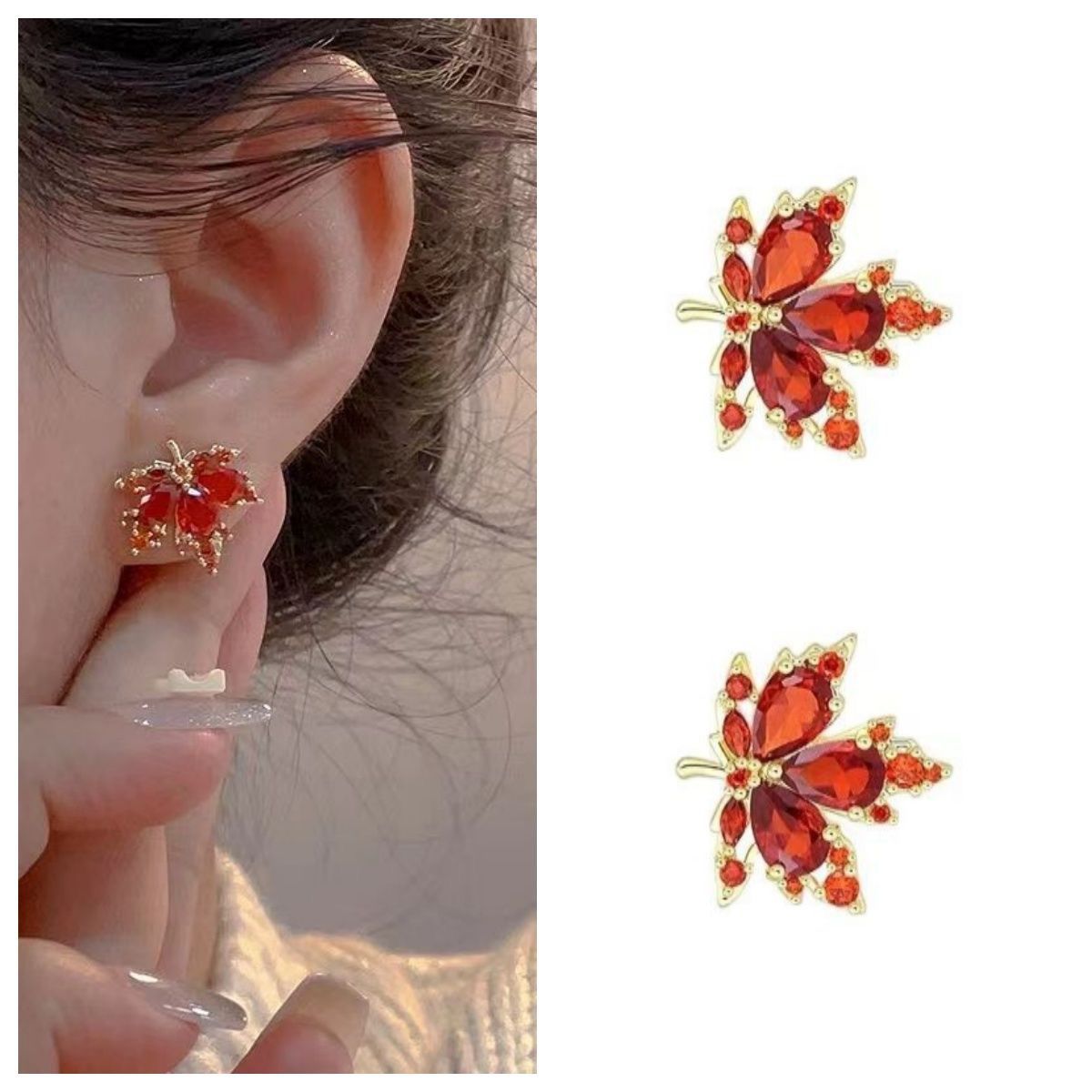 2026 New Red Maple Leaf Stud Earrings, Niche High-End Light Luxury Exquisite Designer Elegant Fashion Ear Jewelry For Women