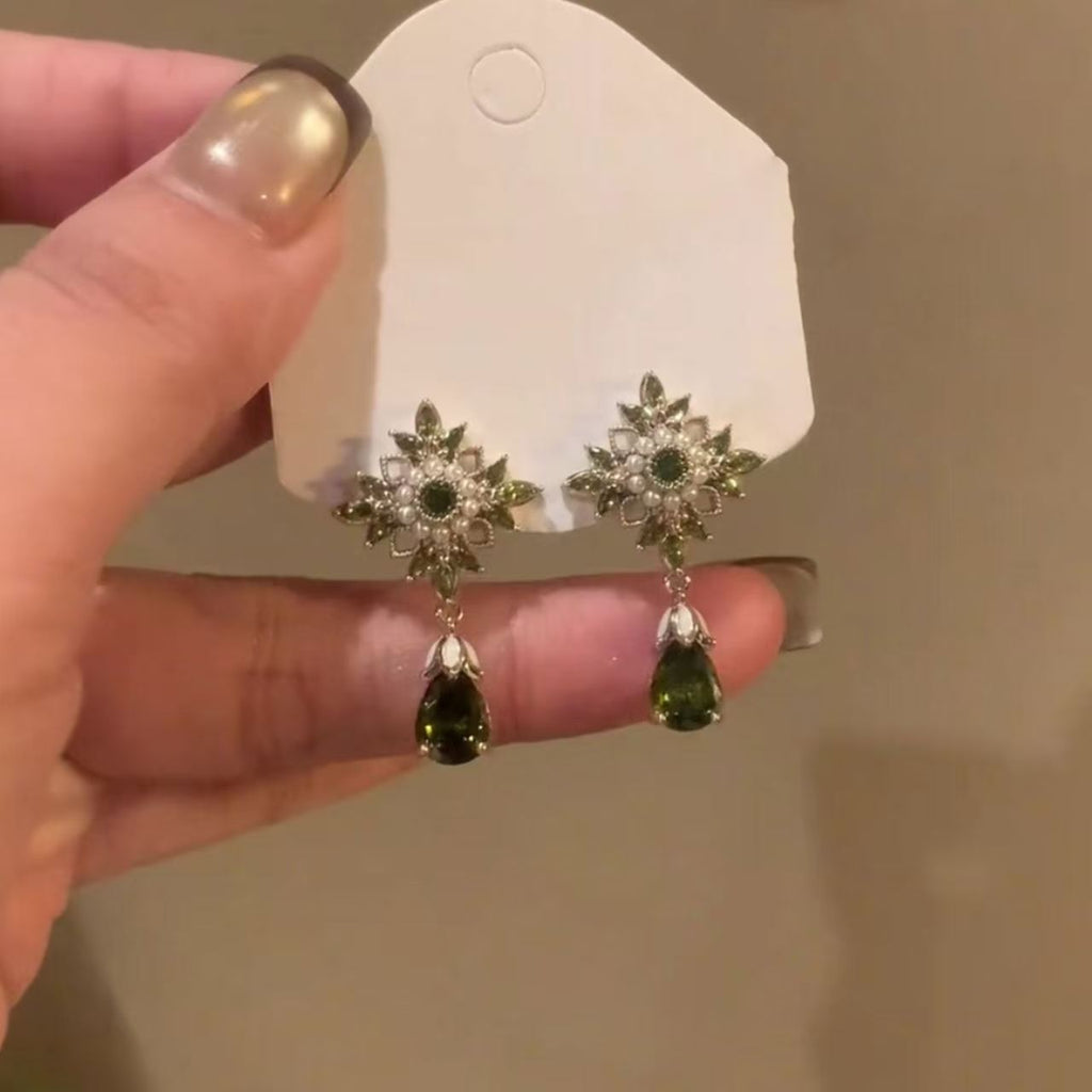 Vintage Exquisite Zircon & Pearl Floral Earrings For Women, Elegant High-End Versatile Teardrop Pendant Stud Ear Jewelry