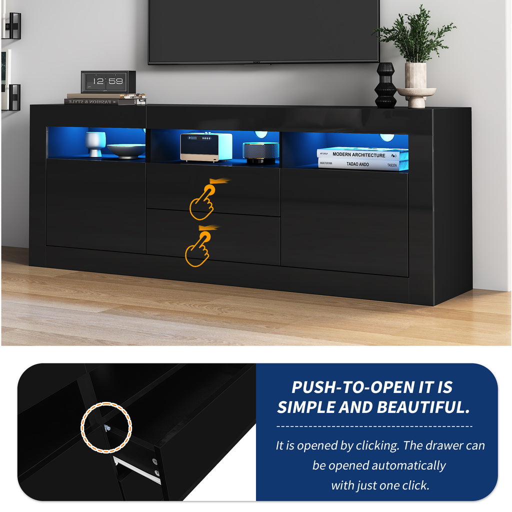 160x35x60cm High Gloss TV Cabinet With LED Lighting, 3 Open Compartments, 2 Doors, 2 Drawers, Smart App Control, For 70 Inch TV,High Gloss TV Stand