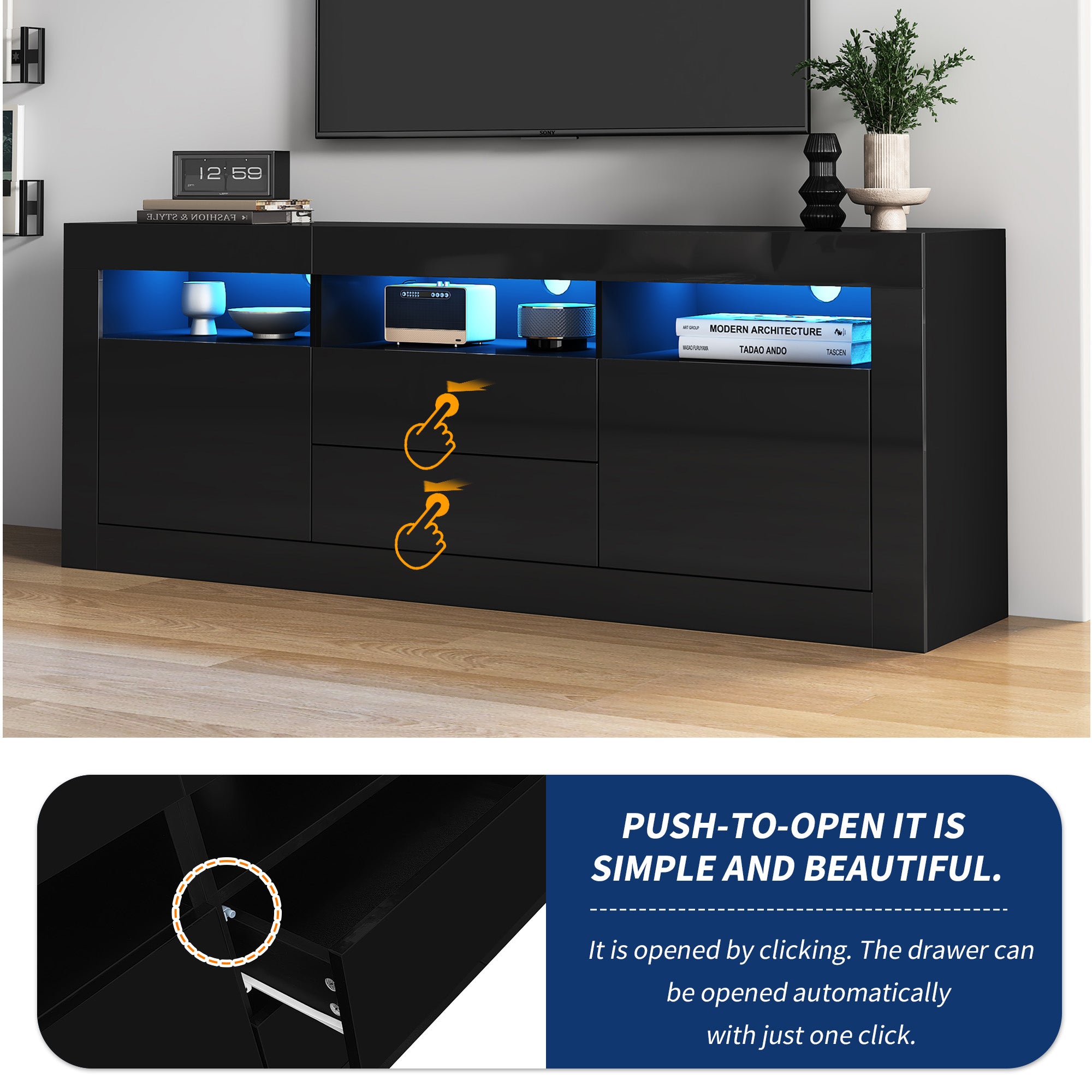 160x35x60cm High Gloss TV Cabinet With LED Lighting, 3 Open Compartments, 2 Doors, 2 Drawers, Smart App Control, For 70 Inch TV,High Gloss TV Stand