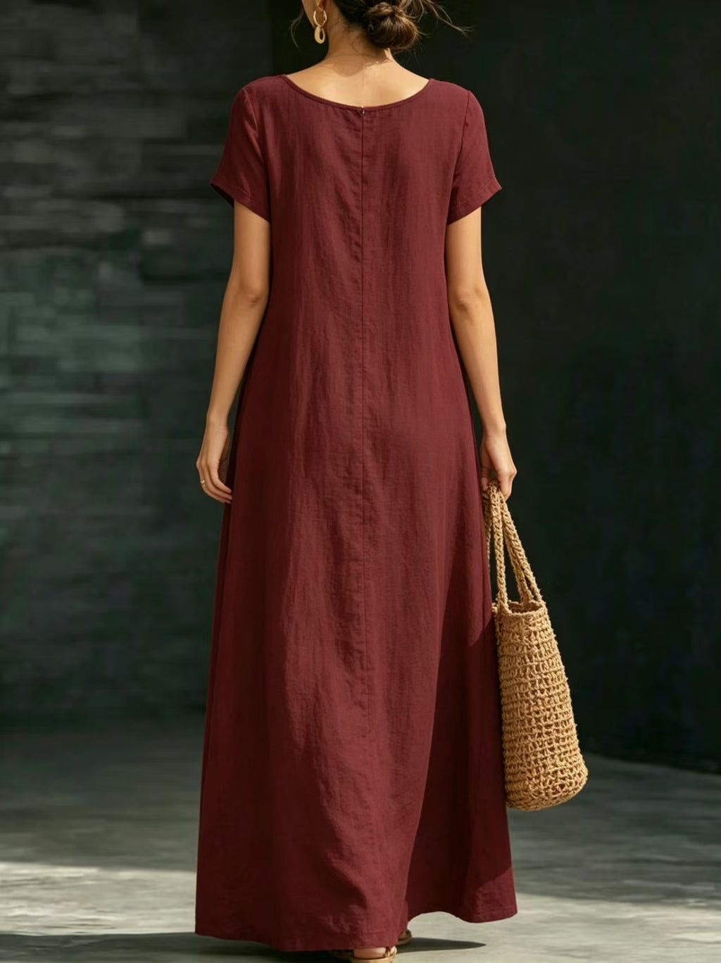 Summer Dress U-neck Short-sleeve Loose Casual Pure Color Full-skirted Long Dress
