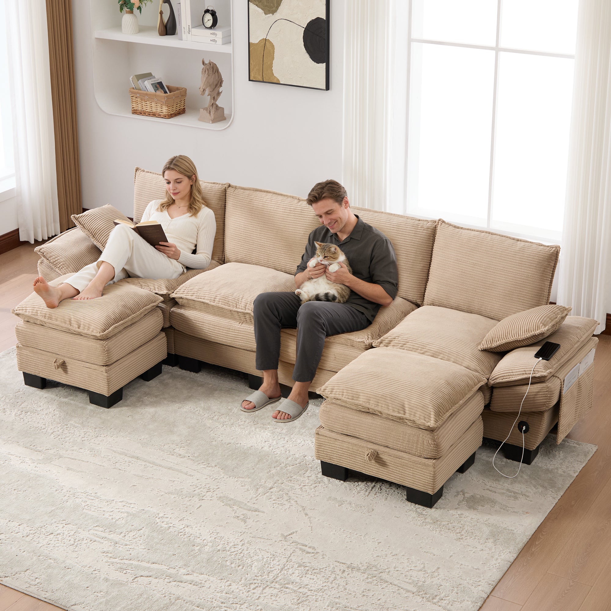 Modular 4-seater Corduroy Sofa  With 2 Stools Wide Seat, Ergonomic Design, High-density Foam Padding, USB-C Port And Side Pockets. Ideal For Living Room, Office Or Lounge.khaki