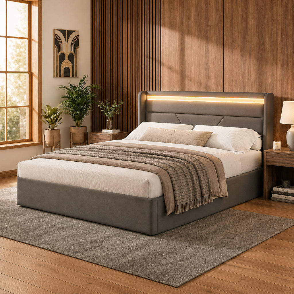 Hydraulic Storage Bed With LED Lighting Strip, Double Bed Bed Frame Upholstered Bed 160x200cm, Functional Bed, Grey  With Remote Control