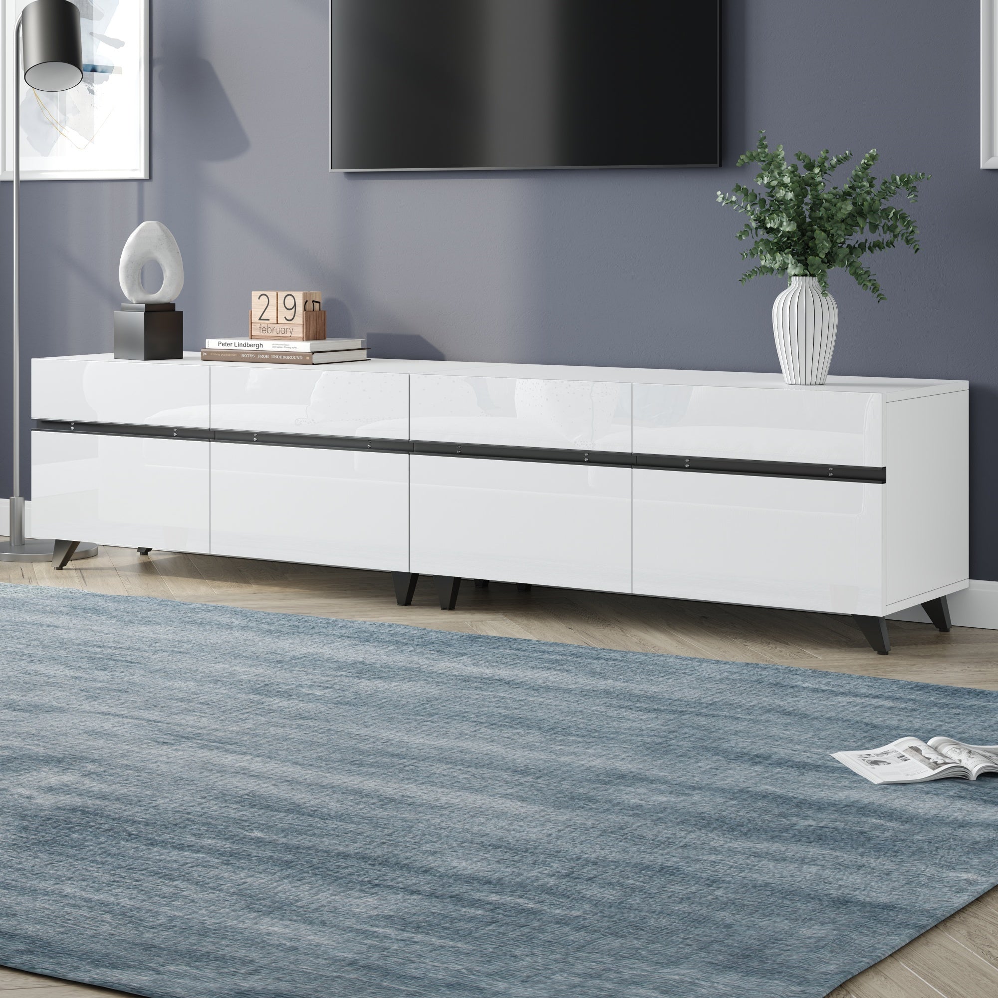 180X40X49cm TV Cabinet,High Gloss TV Cabinet, Lowboard With 4 Cabinets And Adjustable Dividers,Living Room Cabinet With 8 Table Legs, Recommended Load Capacity 52kg,Suitable For 80 Inch TV