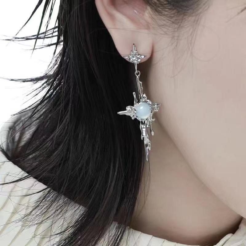 Sweet Cool Ins Niche Irregular Liquid Four-Pointed Star Moonstone Earrings, Trend New Women Stud Ear Jewelry