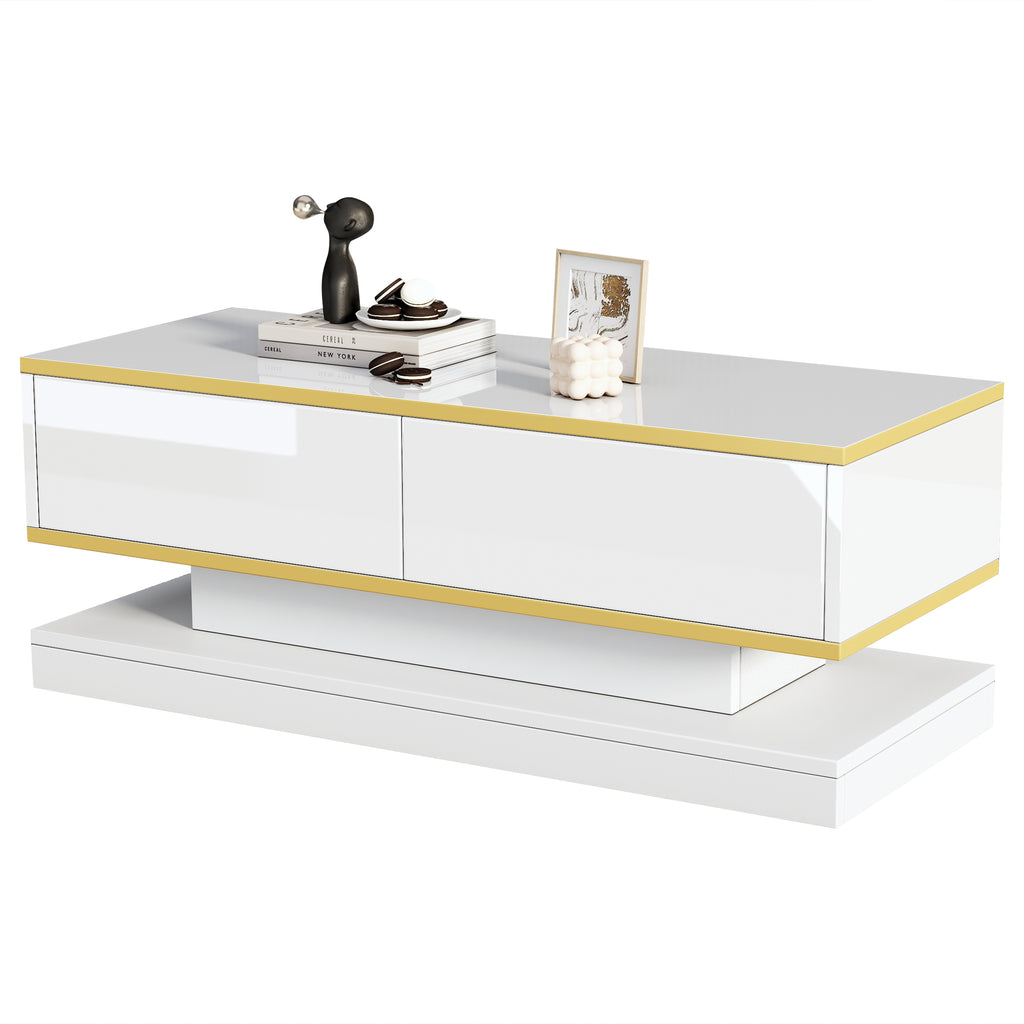100X50X38cm High Gloss Coffee Table, Sofa Table With 2 Large Drawers, Unique Living Room Table, Warm White - Golden Edge Coffee Table, Side Table With Narrow Center And Wide Top And Bottom