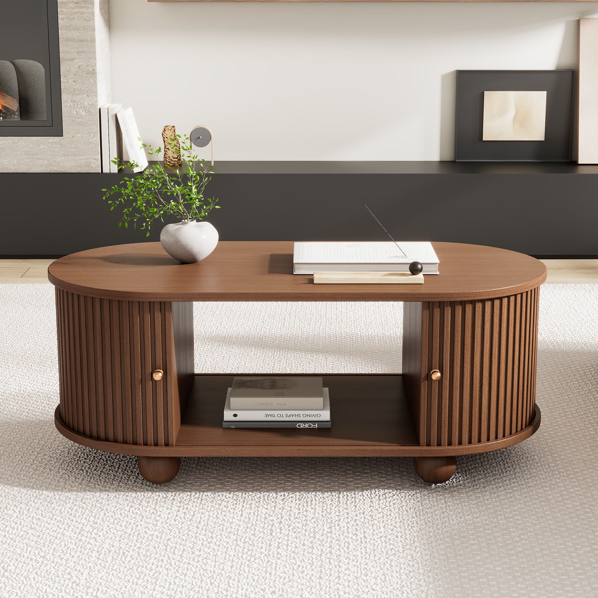 100 X 50 X 40 Cm Walnut Tree Coffee Table With Storage Space And Sliding Doors Space Saving Multifunctional Furniture In Wood Colors,Sofa Table With 360 Degree Sliding Door,Coffee Table With 4 Legs