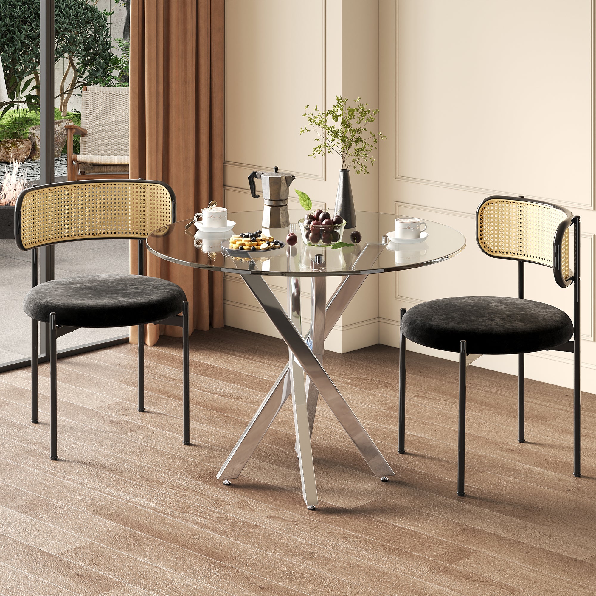 Dining Table Set Including Dining Table And 2 Chairs 80x80x75 Tabletop Made Of Tempered Glass, Modern Dining Table, Galvanized Table Legs, Coffee Table, Black Dining Chairs, Silver Table Legs