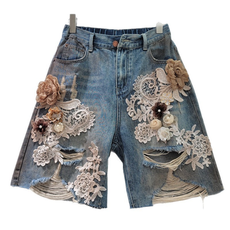 Lace-floral Patchwork, Brushed-texture Distressed Denim Shorts With Rhinestones And A Back Elastic Waist