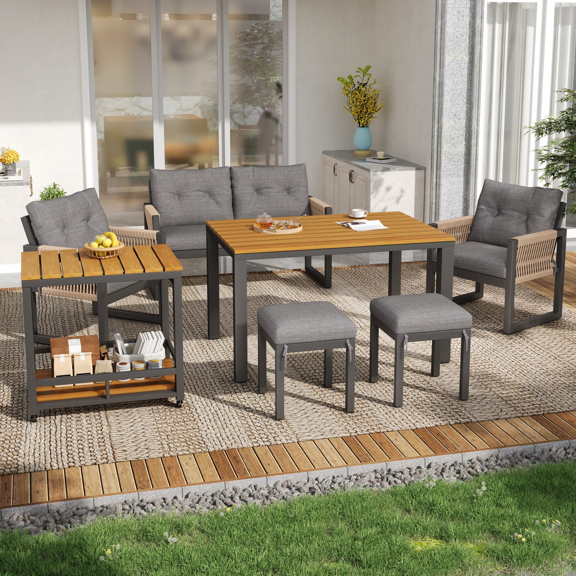 Modern Outdoor Sofa Set , Multi-Person Leisure And Meeting Set , Iron Frame , Braided Armrests , Seat Cushion Included , Multifunctional Table