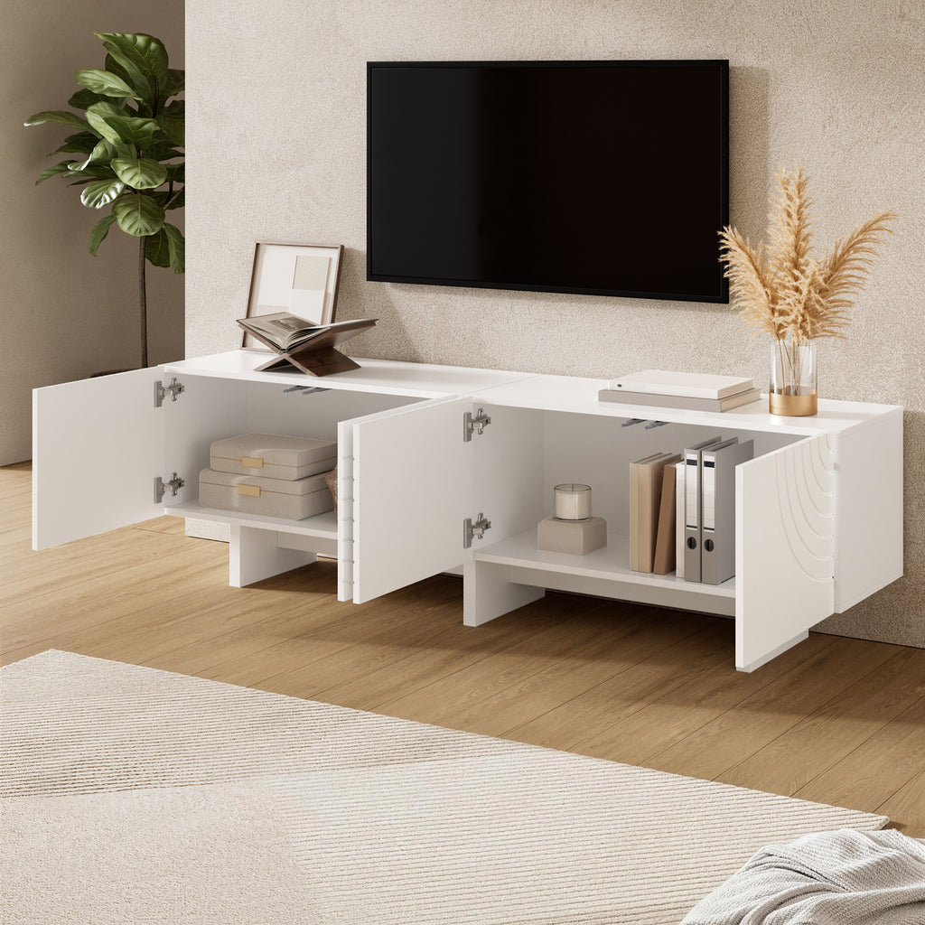Modern TV Cabinet With 4 Doors And Geometric Arch Pattern, White TV Lowboard With Decorative Relief Fronts And Central Partition, TV Cabinet With Storage Space For Living Room