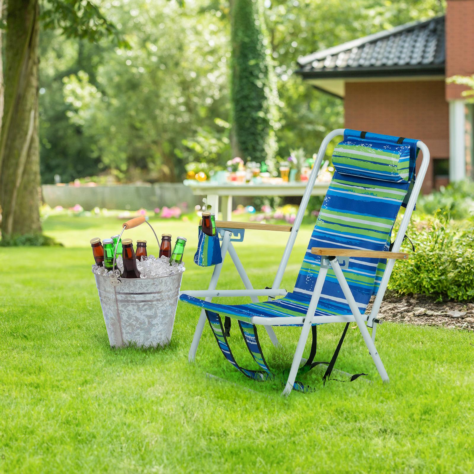 Portable Blue-and-green Striped Backpack Beach ChairFoldable And Adjustable Reclining Beach Lounger Suitable For Outdoor Beach And Camping Use.Self-pickup Only.