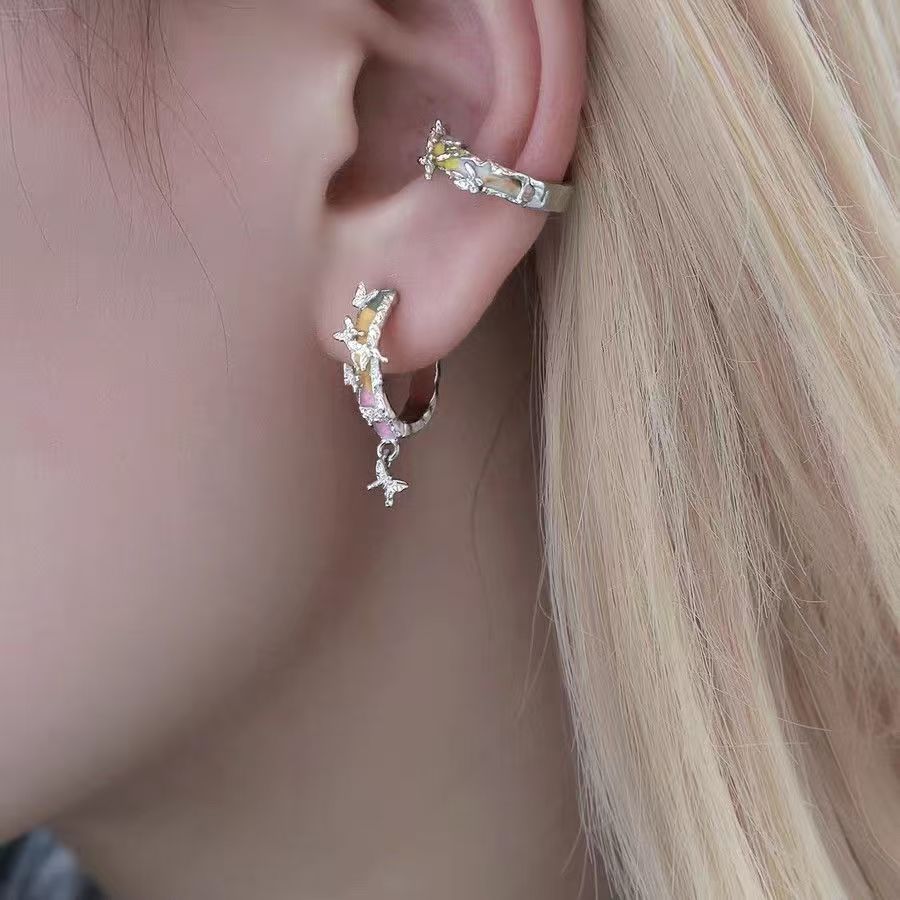 Ins Niche Original Design Mint Butterfly Huggie Earrings, Dark Red High-End Trendy Bestseller Ear Jewelry
