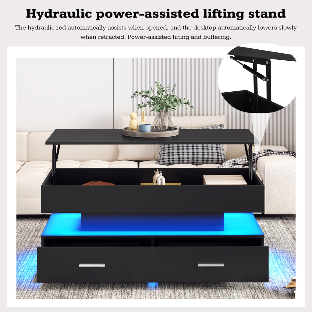 100X50X44cm Hydraulic Height Adjustable Coffee Table, With LED Lighting, Bluetooth APP Control, 2 Drawers And Open Storage,Black Liftable Coffee Table