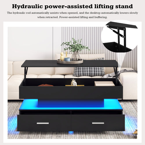 100X50X44cm Hydraulic Height Adjustable Coffee Table, With LED Lighting, Bluetooth APP Control, 2 Drawers And Open Storage,Black Liftable Coffee Table