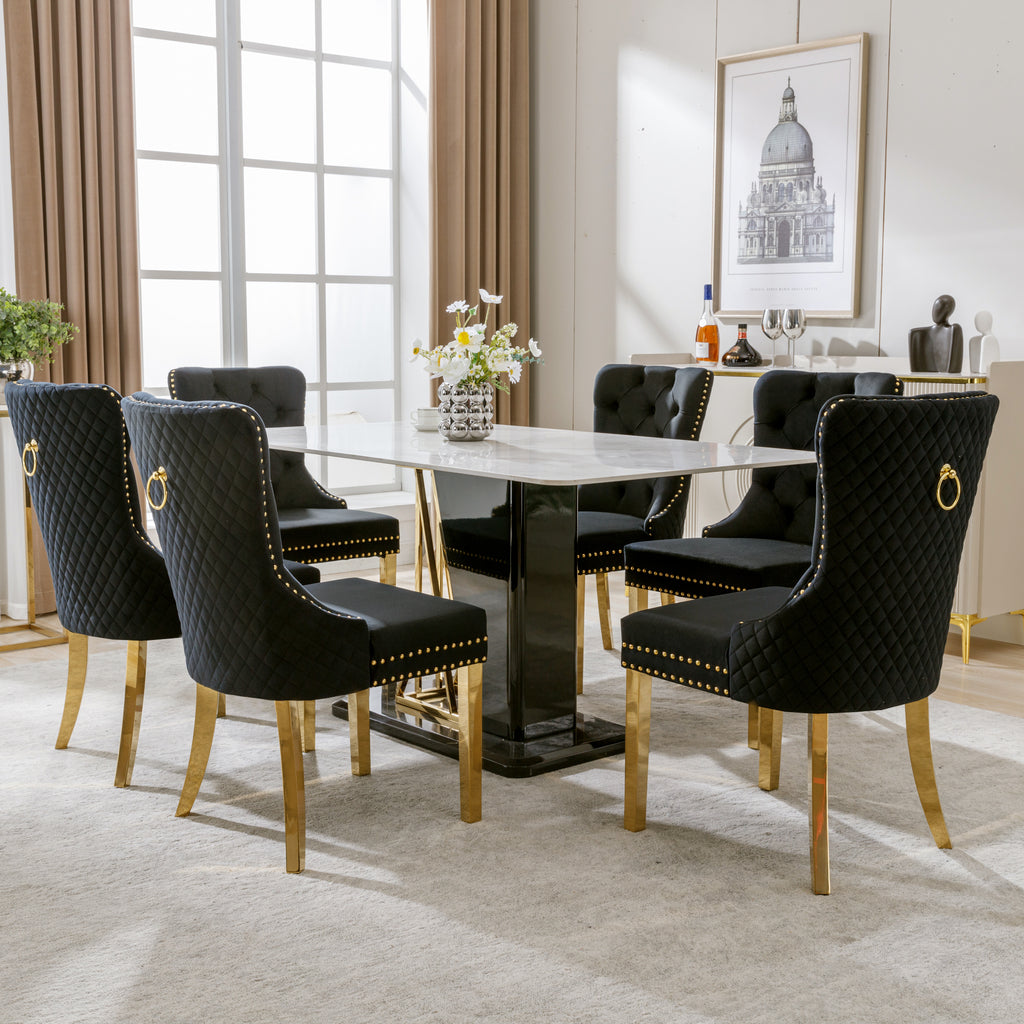 Dining Room Chair Kitchen Chair Living Room Chair With Unique Round Tensile Rings On The Back, 6 Sts, Upholstered Chair With Nail Head Occupation,Supporting Legs In Gold Plated Stainless Steel, Velvet
