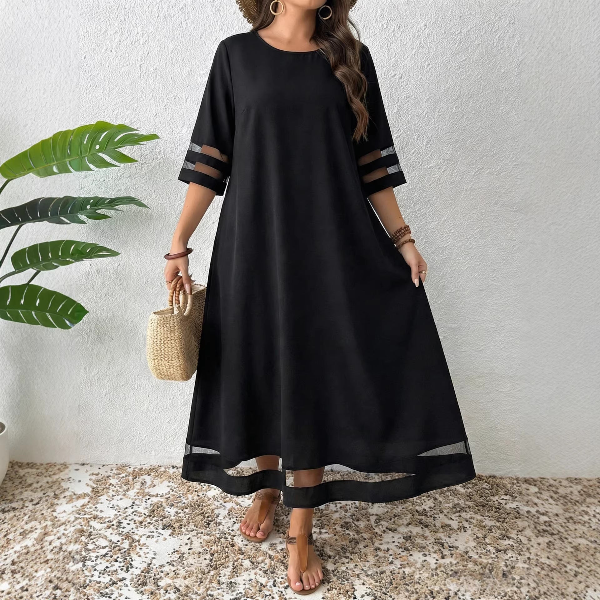 A-line Dress With Mesh-sleeve Paneling