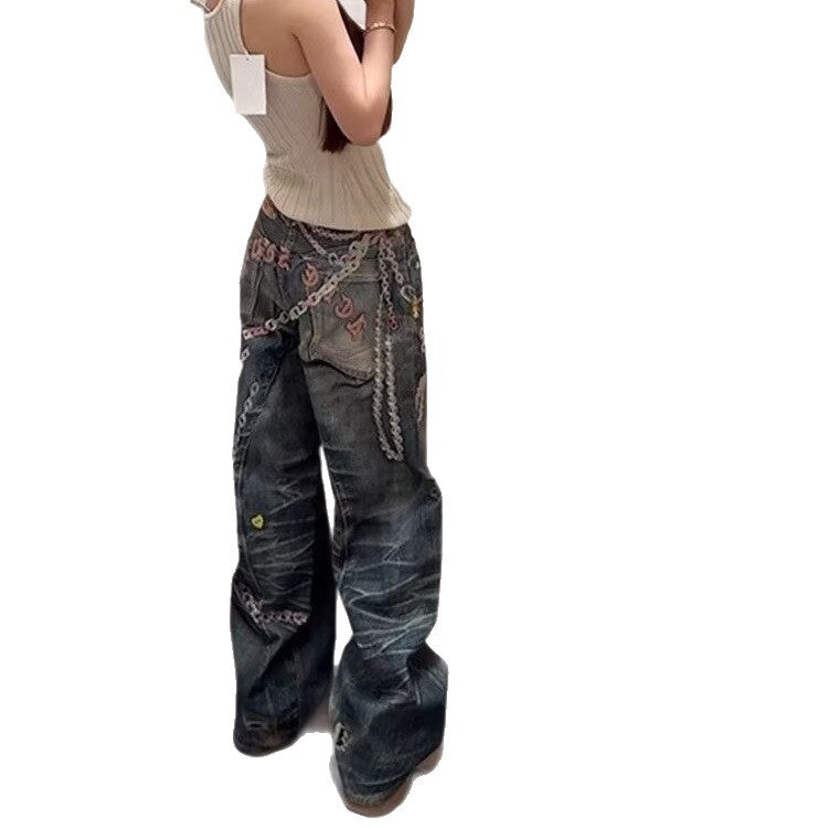Womens Floor-length Printed Denim Jeans With A Chain Detail