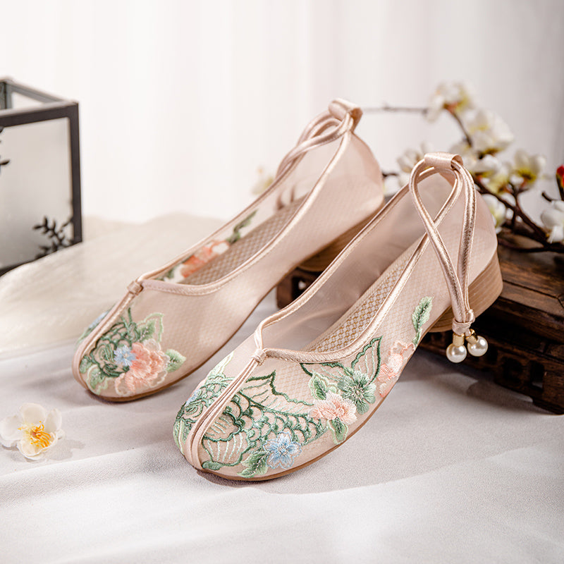 New Chinese Style Embroidered Mesh Shoes - Traditional Chinese Embroidery Flat Shoes, Soft Sole Platform Women S Shoes, Versatile Hanfu-Inspired Style