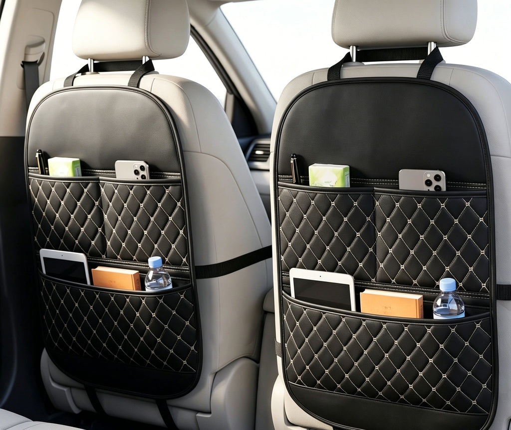 Universal Multi-Functional Car Leather Storage Organizer, Kids Seat Back Kick Mat, Car Rear Seat Hanging Storage Bag, Auto Interior Accessories