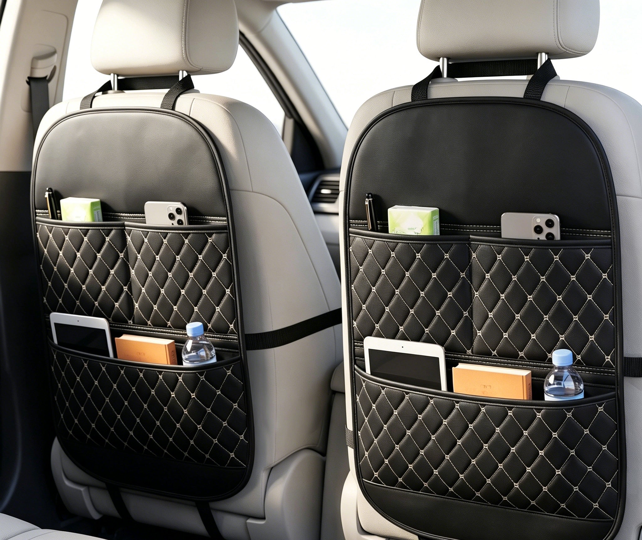 Universal Multi-Functional Car Leather Storage Organizer, Kids Seat Back Kick Mat, Car Rear Seat Hanging Storage Bag, Auto Interior Accessories