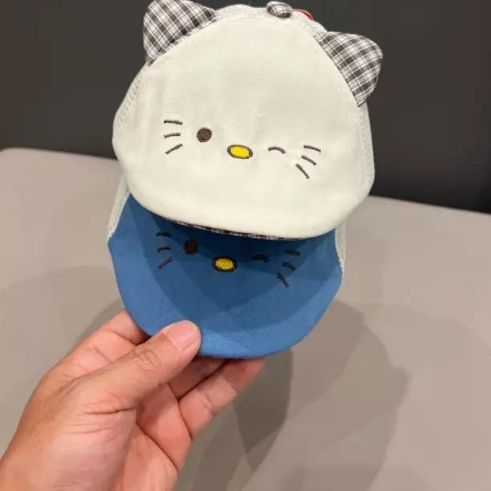 Children's Net Fabric Stitched Three-dimensional Cat Ears Cat Expression Embroidery Front Hat - Cute And Playful Style Baby Sun Hat