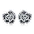 S925 Sterling Silver Black & White Rose Stud Earrings, D-VVS1 Moissanite Pave Flower, Platinum Plated 3.4g, Women's Jewelry Gift Box