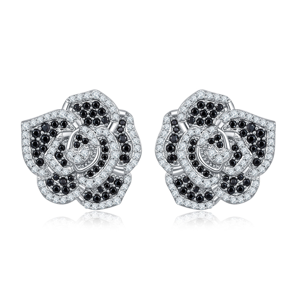 S925 Sterling Silver Black & White Rose Stud Earrings, D-VVS1 Moissanite Pave Flower, Platinum Plated 3.4g, Women's Jewelry Gift Box